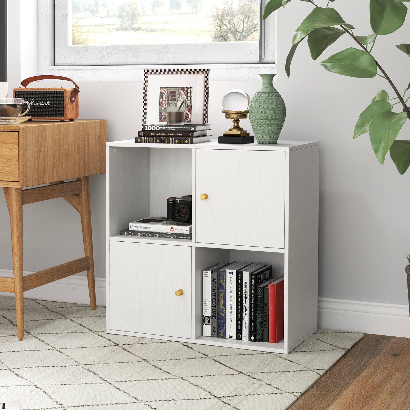 4-Cube Bookcase 3-Tier Bookshelf with Dual Anti-Tipping Kits and 2 Cabinets-White