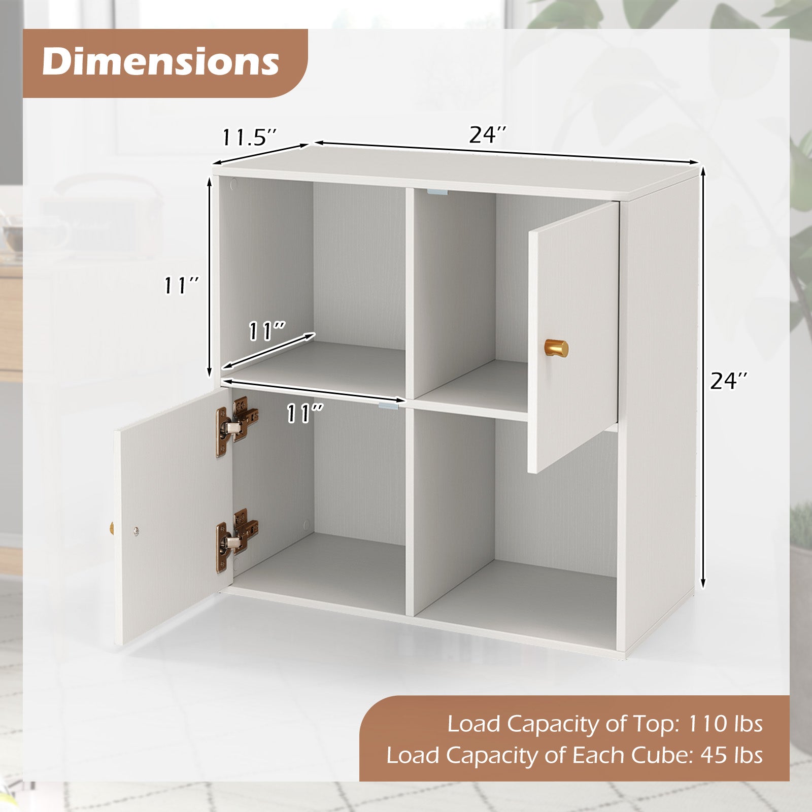 4-Cube Bookcase 3-Tier Bookshelf with Dual Anti-Tipping Kits and 2 Cabinets-White