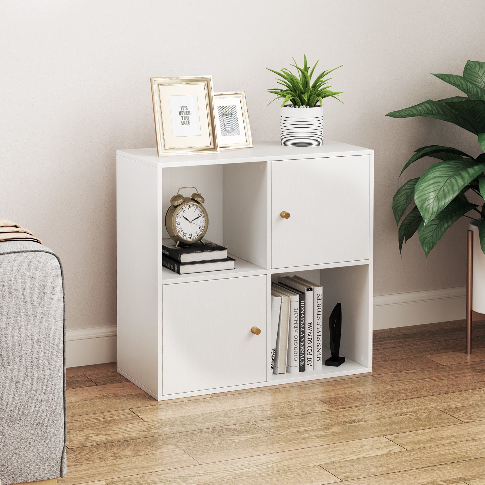 4-Cube Bookcase 3-Tier Bookshelf with Dual Anti-Tipping Kits and 2 Cabinets-White