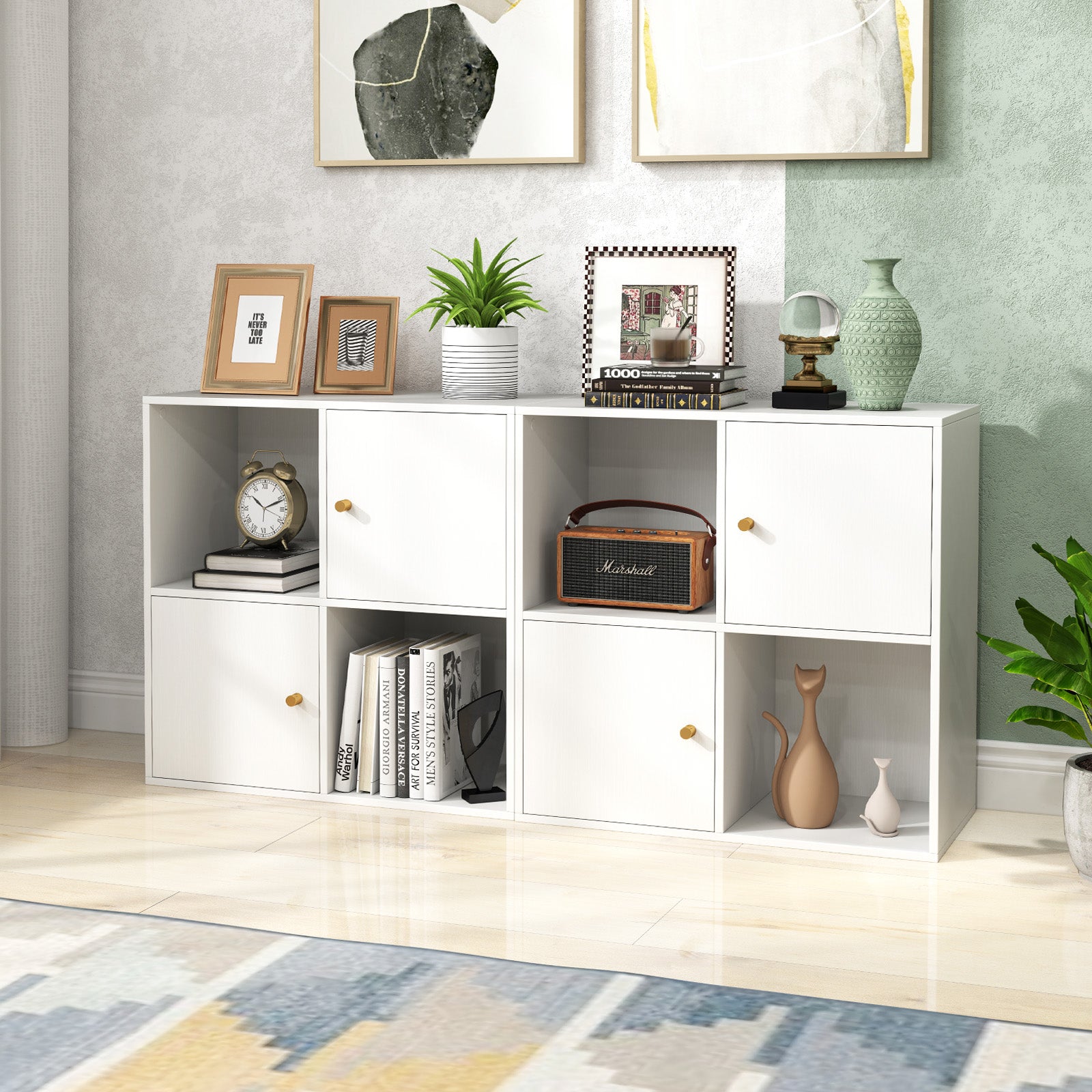 4-Cube Bookcase 3-Tier Bookshelf with Dual Anti-Tipping Kits and 2 Cabinets-White