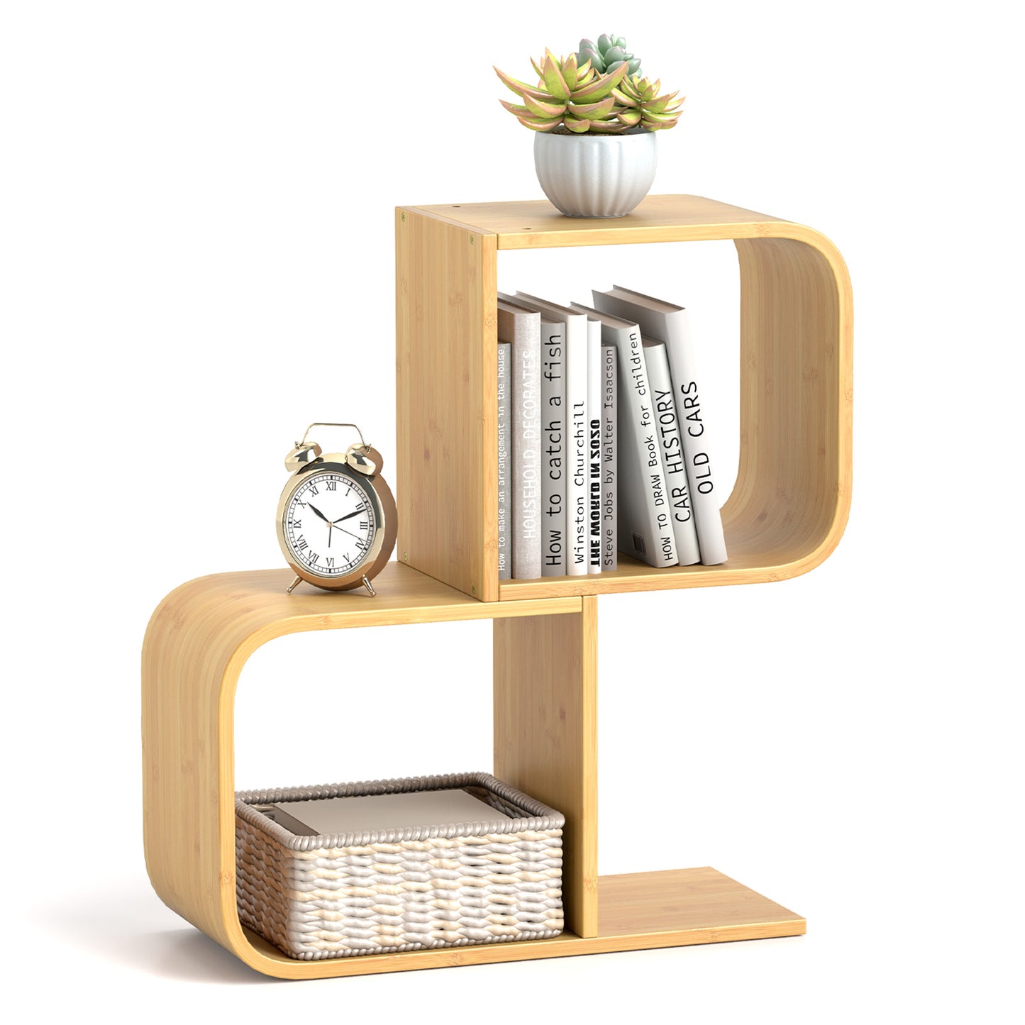 2-Tier S-Shaped Bamboo Bookcase with 2 Open Cubes for Living Room-Natural