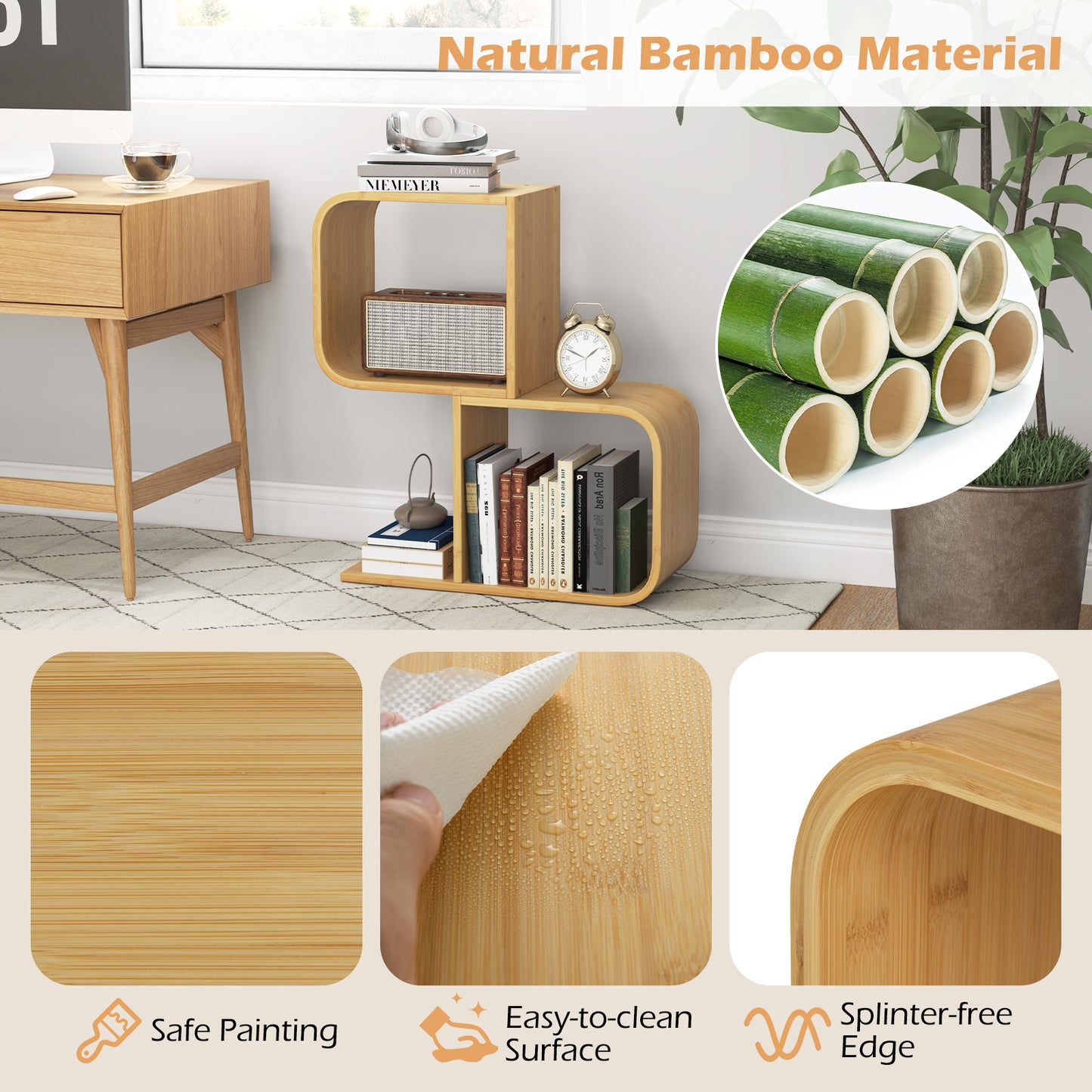 2-Tier S-Shaped Bamboo Bookcase with 2 Open Cubes for Living Room-Natural