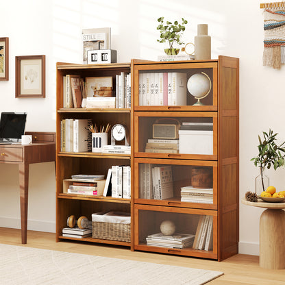 4-Tier Bamboo Bookcase with Doors for Study Room Living Room