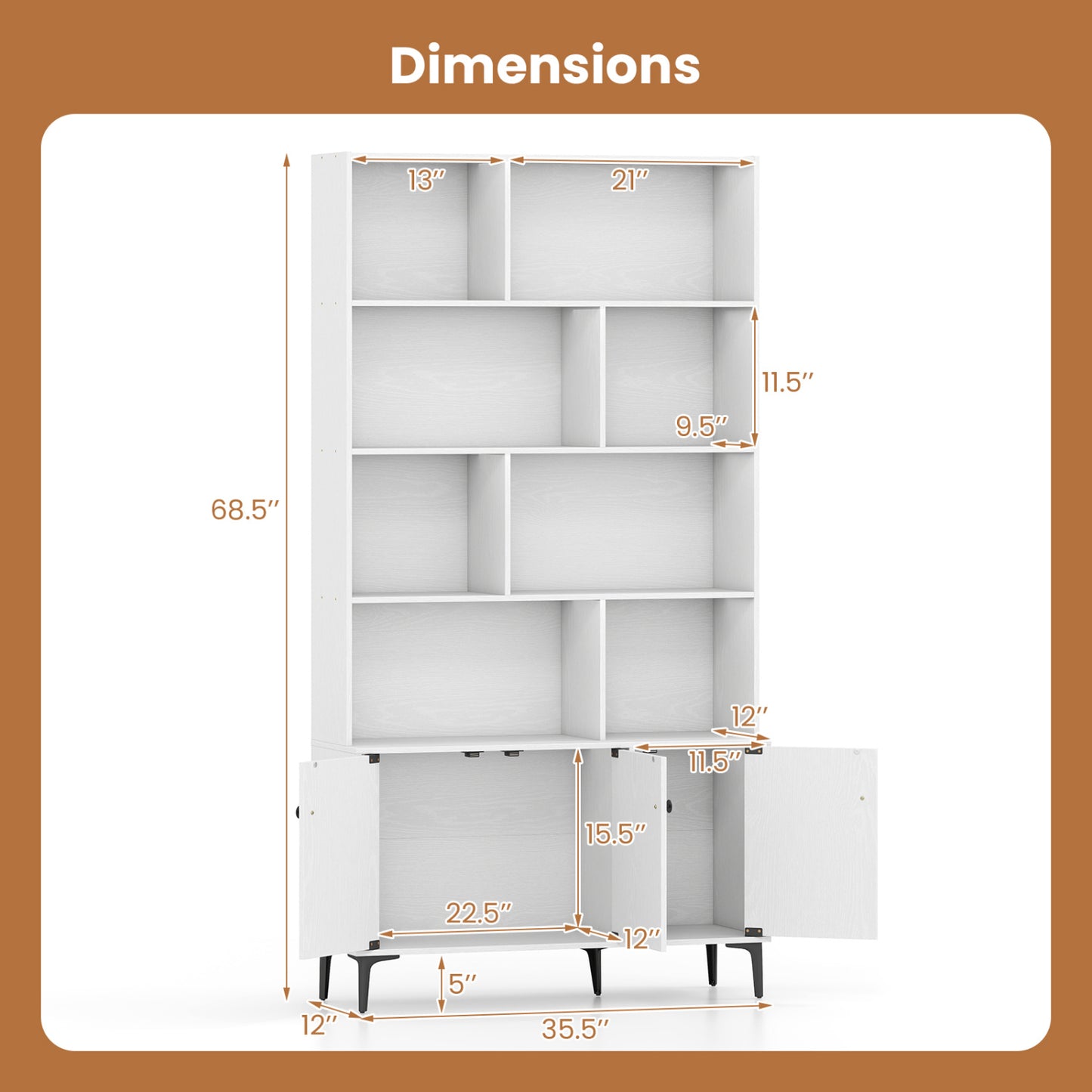 Bookshelf with 3 Doors and 2 Anti-Tipping Kits for Home Office