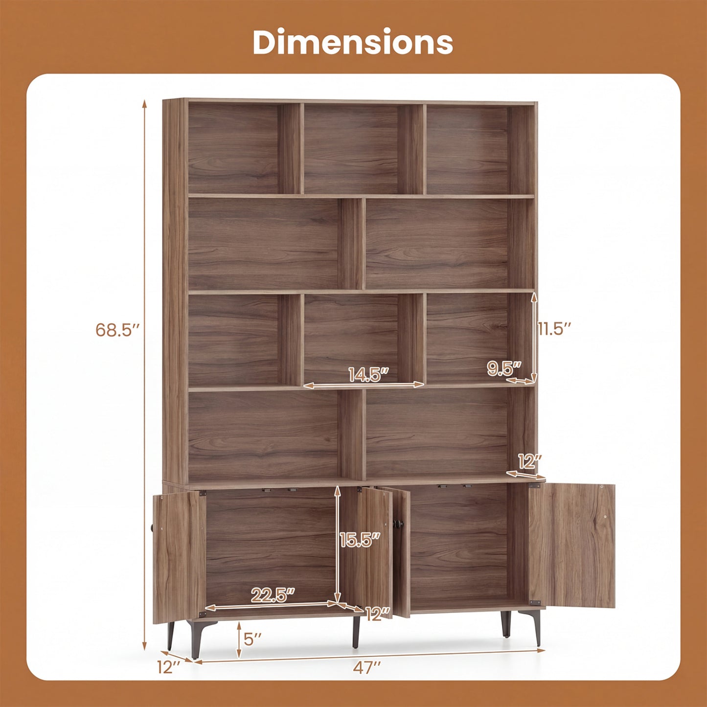 Bookshelf with 4 Doors and 2 Anti-Tipping Kits for Home Office