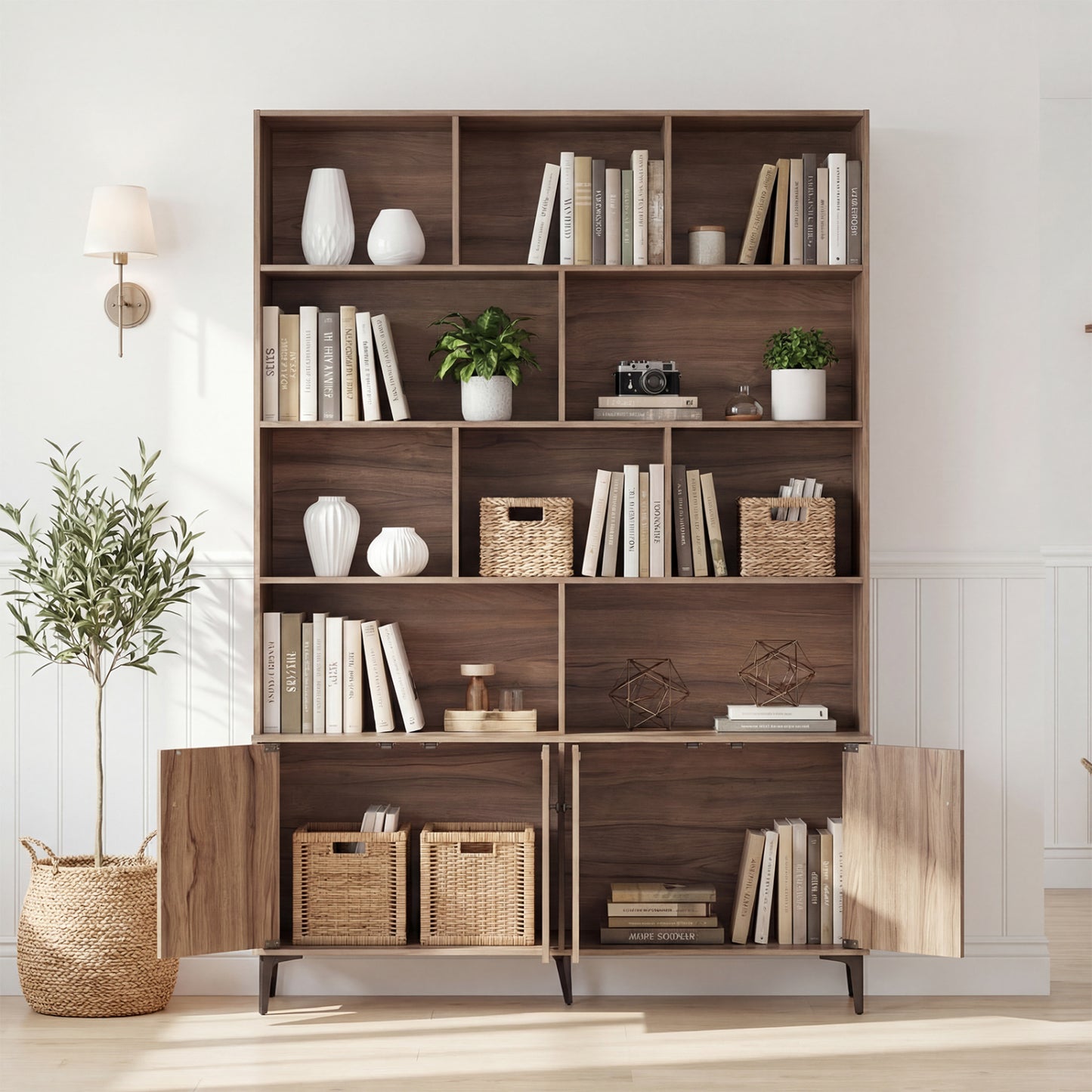 Bookshelf with 4 Doors and 2 Anti-Tipping Kits for Home Office