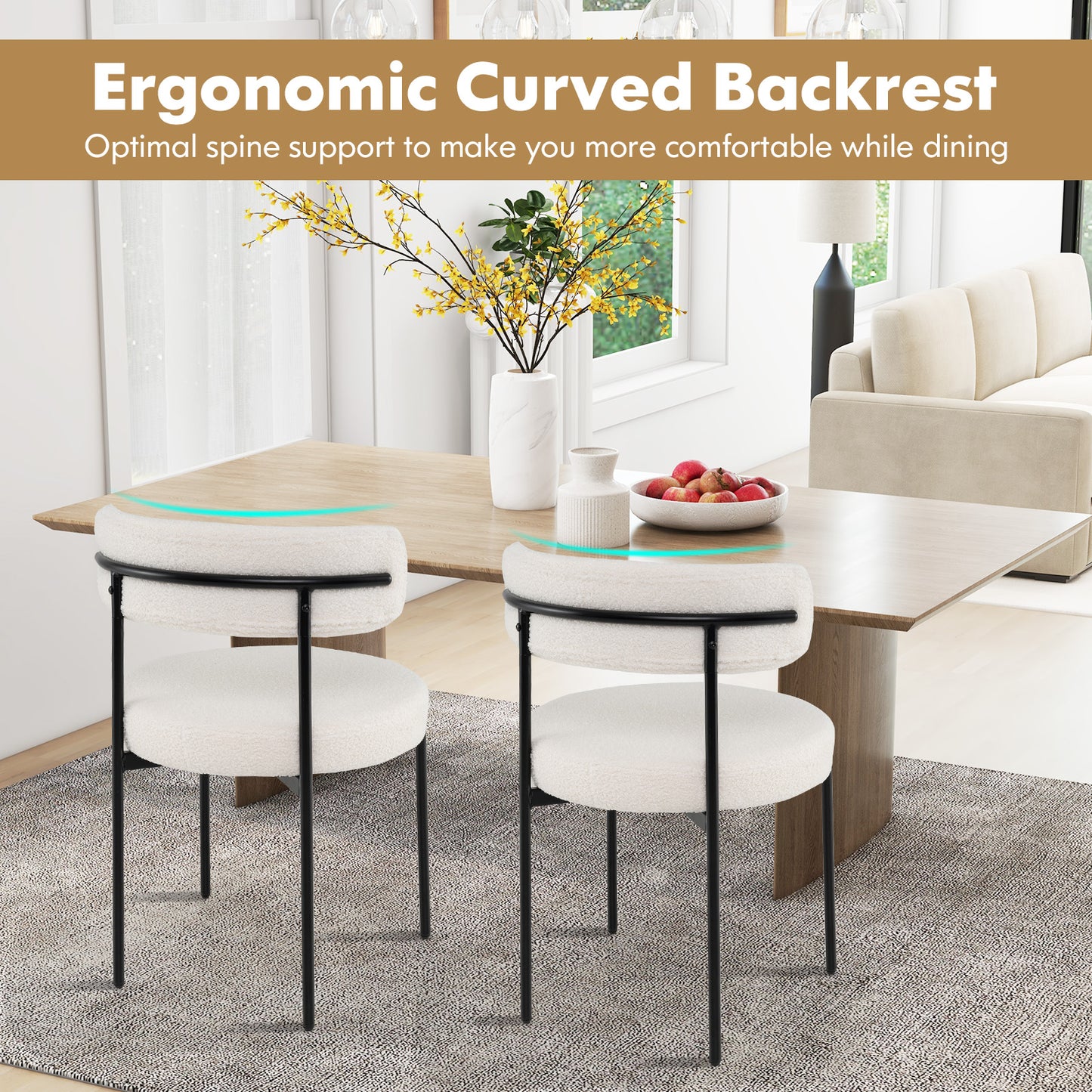 Boucle Dining Chair with Curved Backrest and Metal Legs Set of 4-White