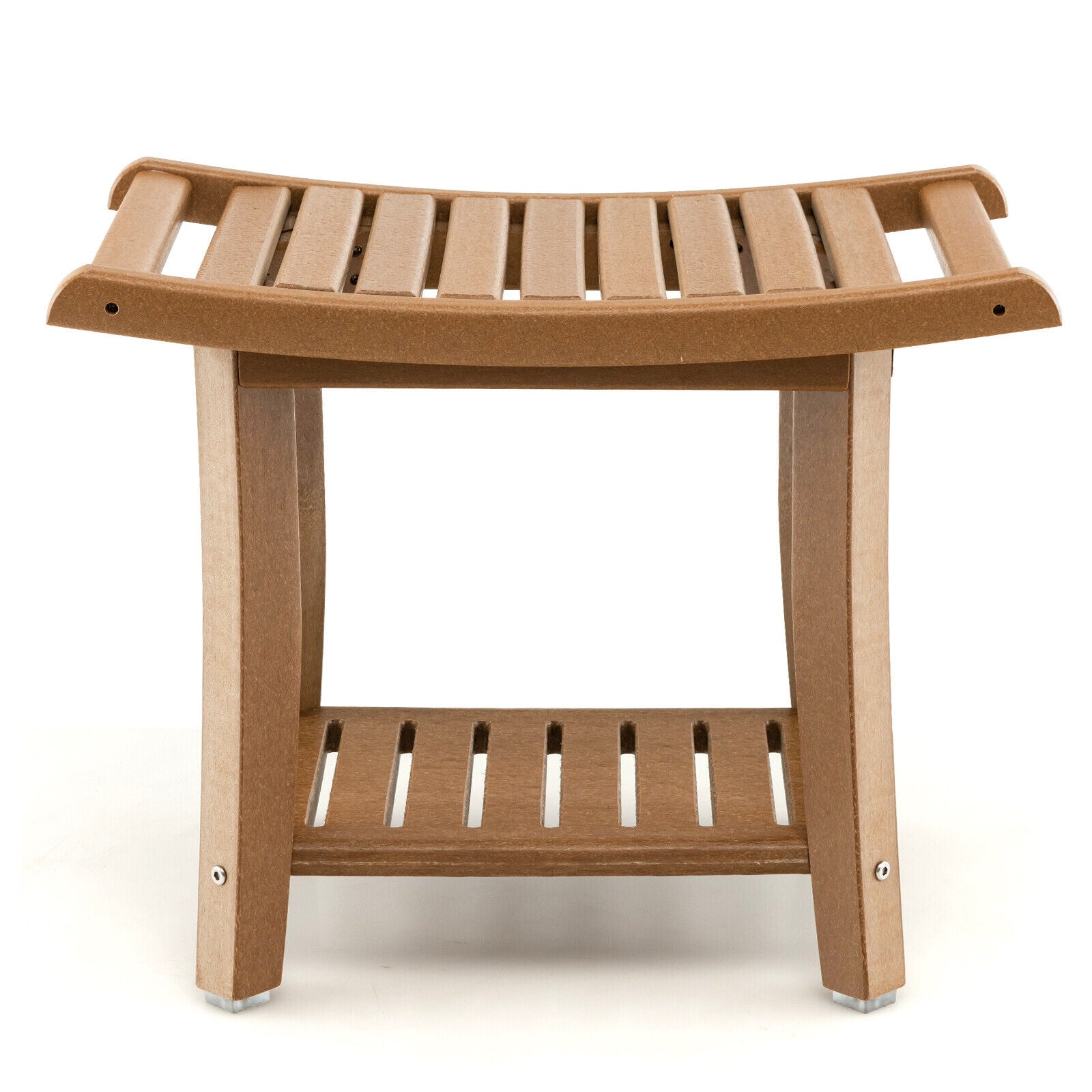 Waterproof Bath Stool with Curved Seat and Storage Shelf-Brown - Brown