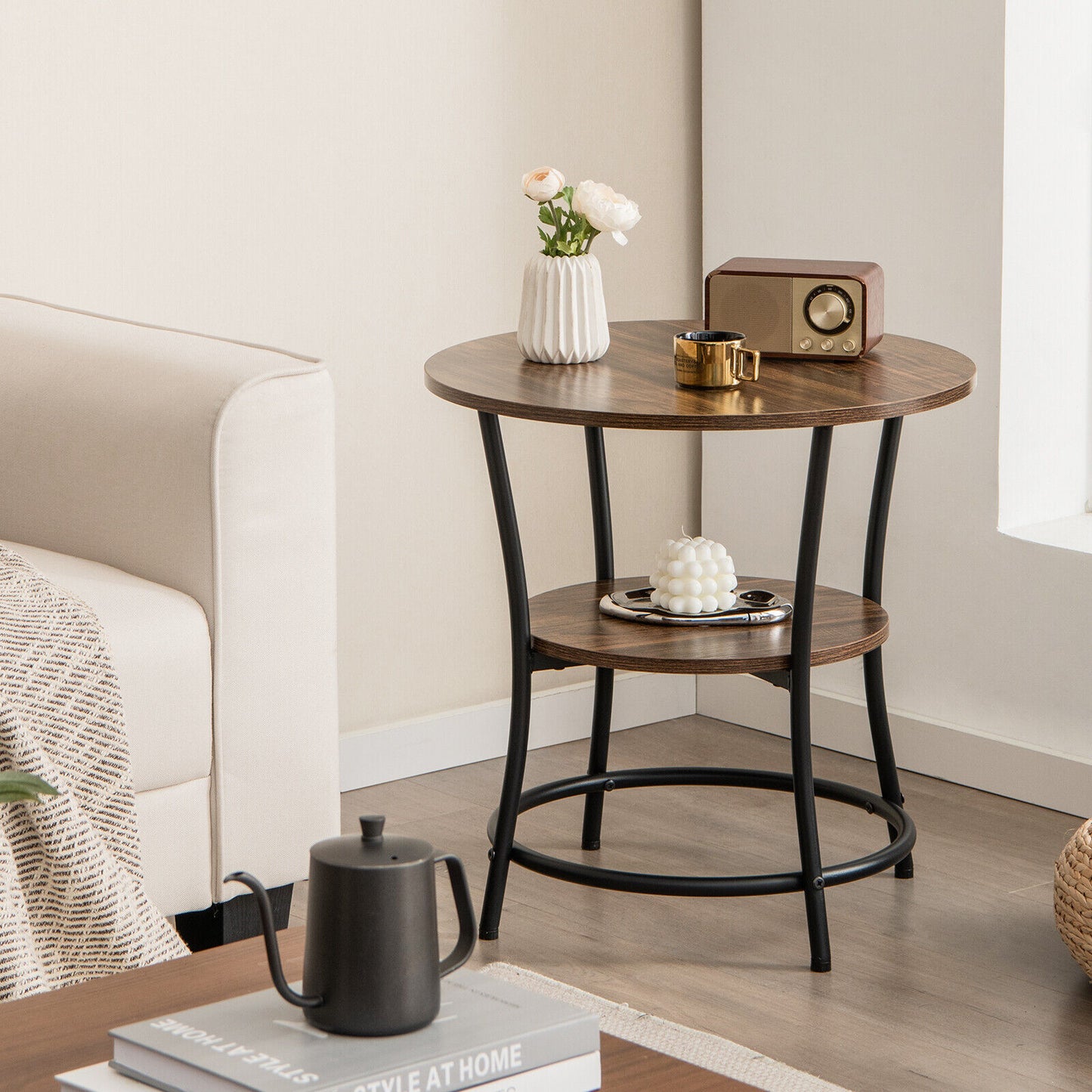 2-Tier Round End Table with Open Storage Shelf and Sturdy Metal Frame-Brown