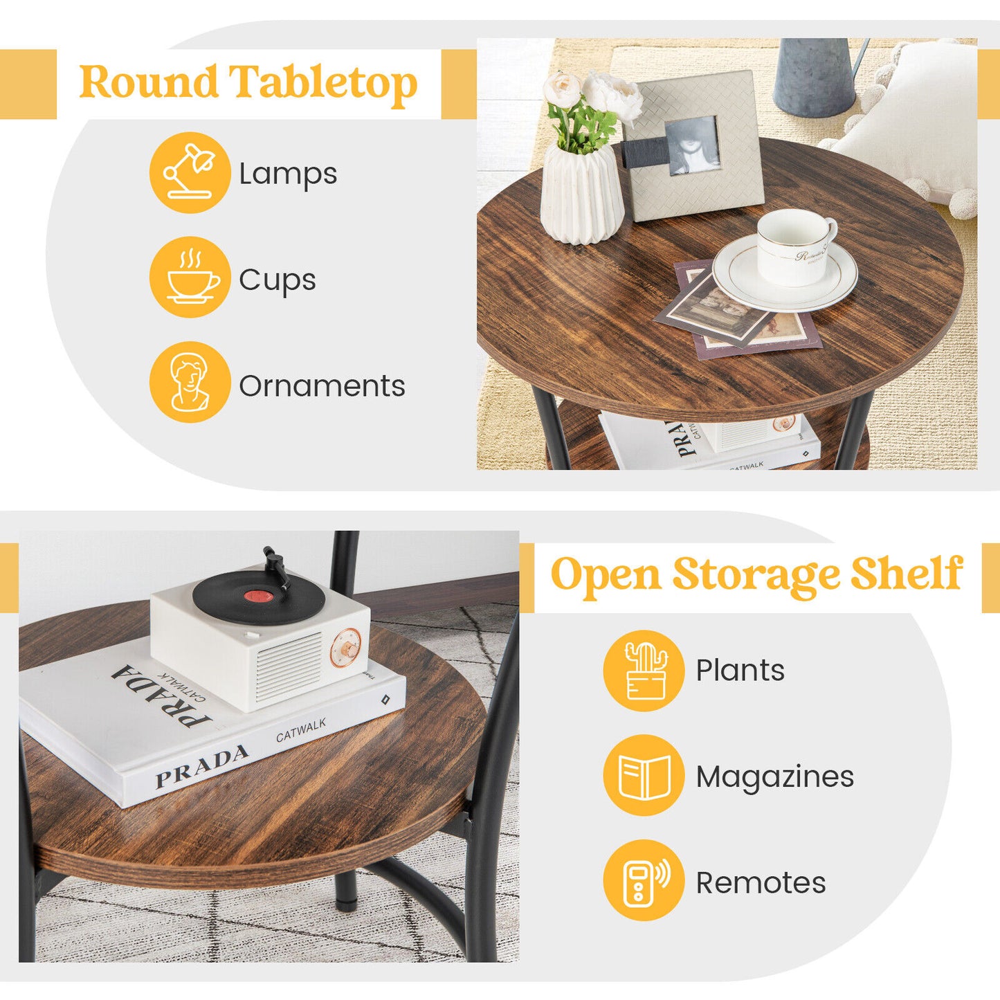 2-Tier Round End Table with Open Storage Shelf and Sturdy Metal Frame-Brown
