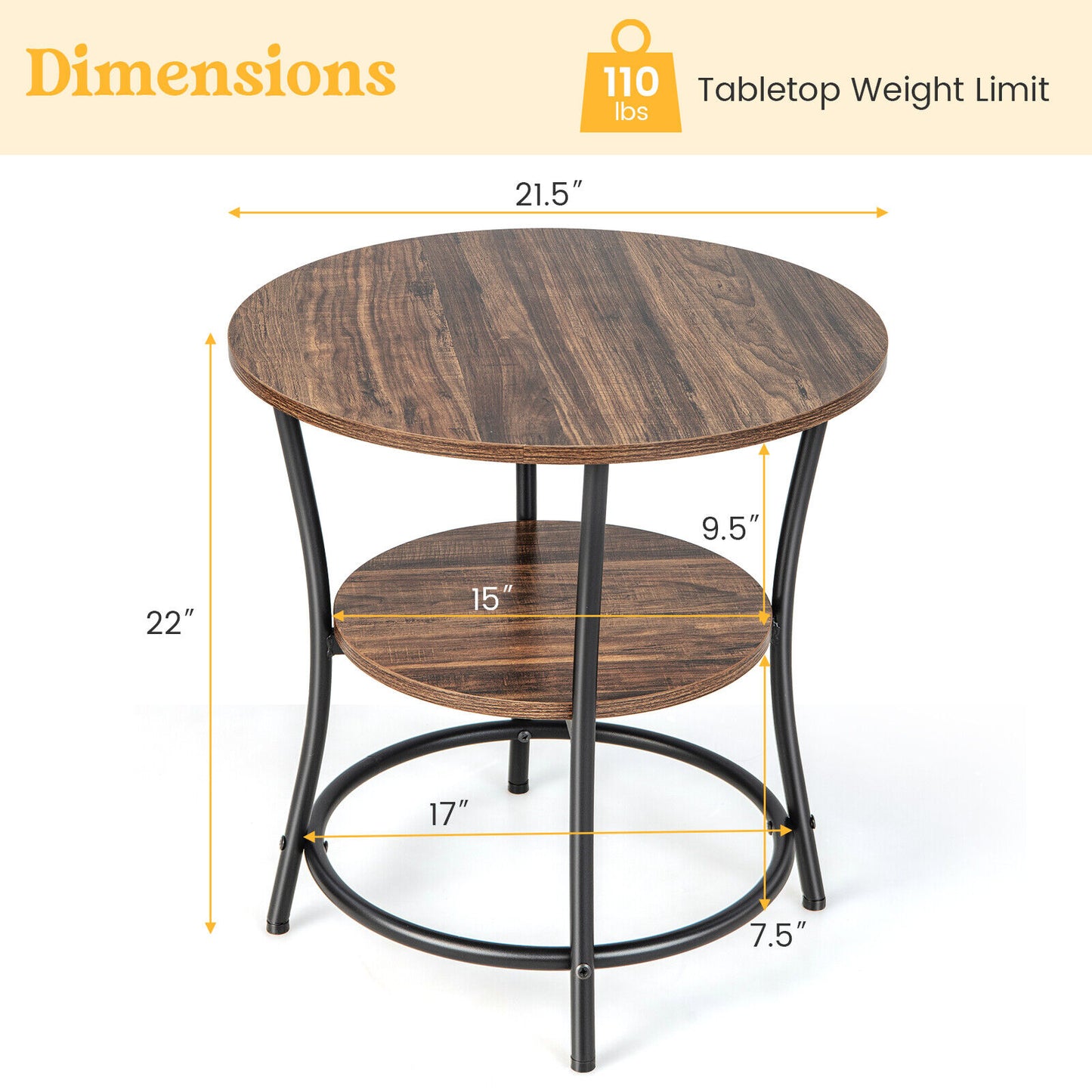 2-Tier Round End Table with Open Storage Shelf and Sturdy Metal Frame-Brown