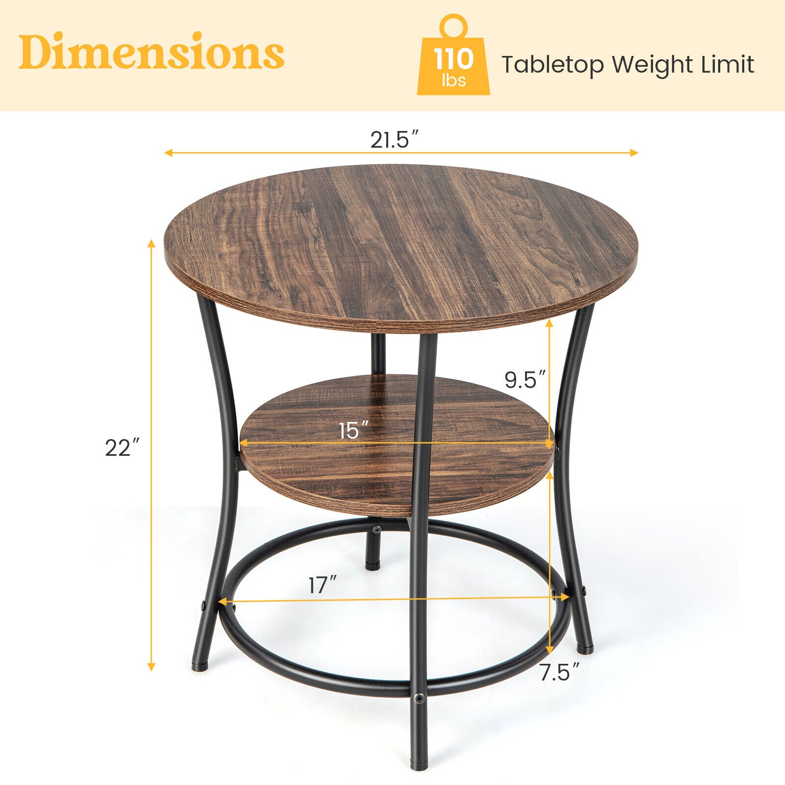 2-Tier Round End Table with Open Storage Shelf and Sturdy Metal Frame-Brown
