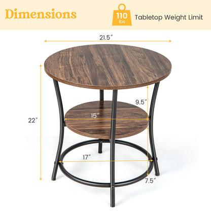 2-Tier Round End Table with Open Storage Shelf and Sturdy Metal Frame-Brown