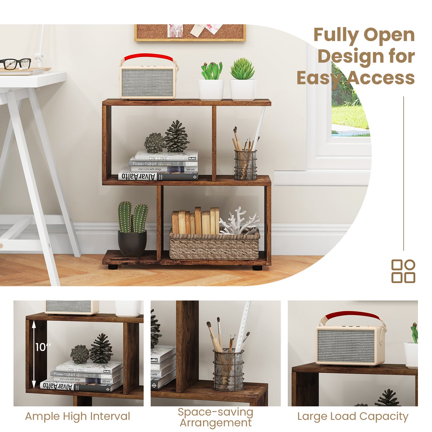 24 Inch 3-Tier Geometric Bookshelf with Thick Foot Pads-Brown