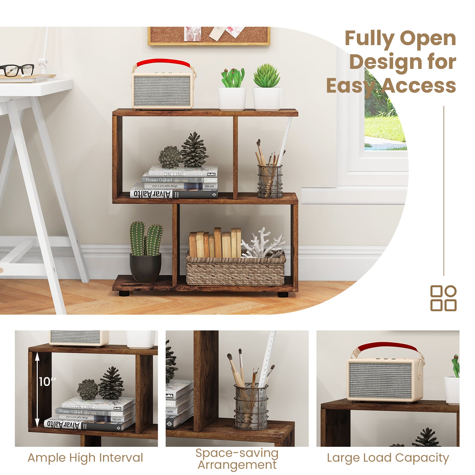 24 Inch 3-Tier Geometric Bookshelf with Thick Foot Pads-Brown
