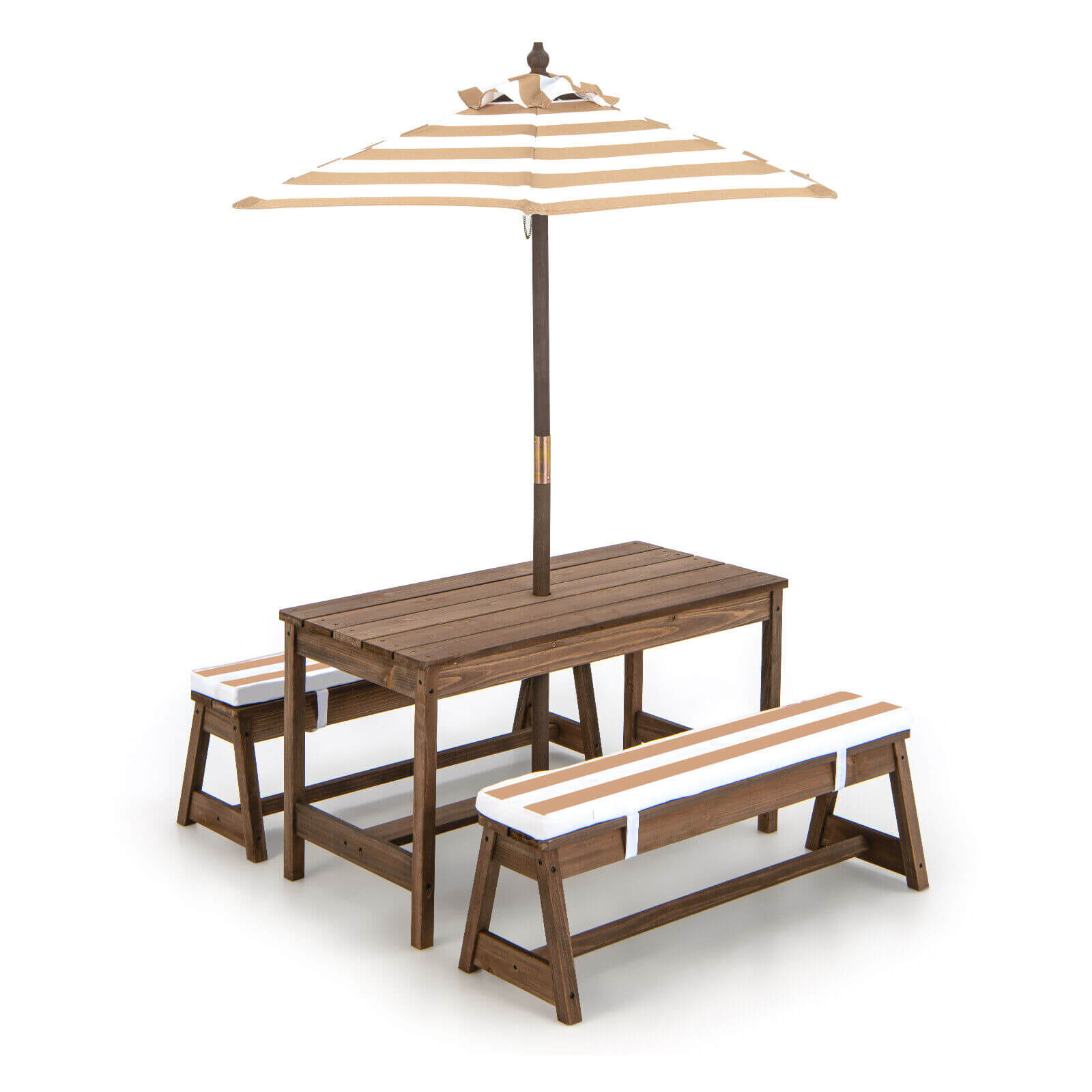 Kids Picnic Table and Bench Set with Cushions and Height Adjustable Umbrella-Brown - Brown