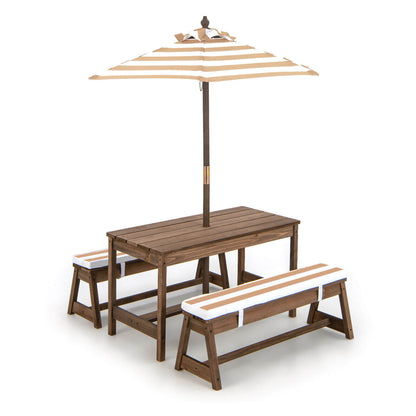 Kids Picnic Table and Bench Set with Cushions and Height Adjustable Umbrella-Brown - Brown