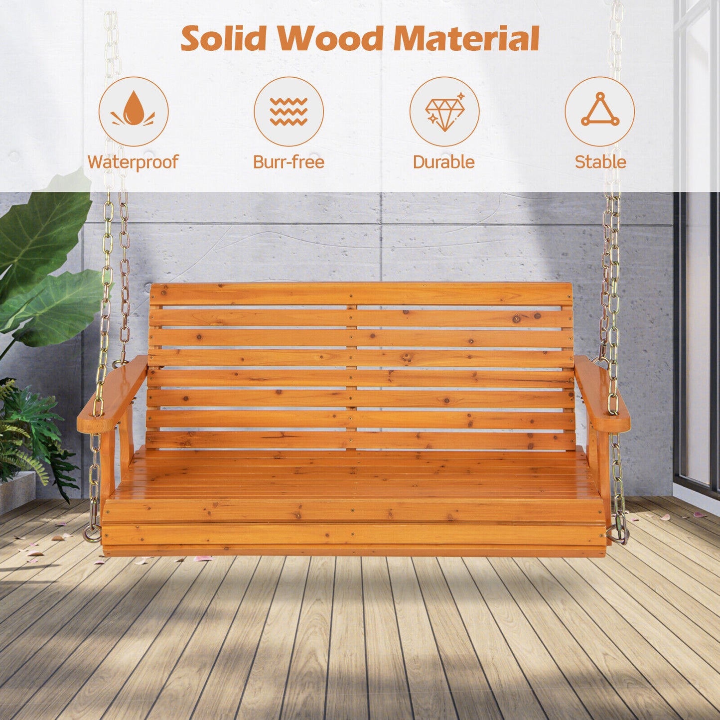 2-Person Wooden Porch Swing with Hanging Chains for Garden Yard-Orange