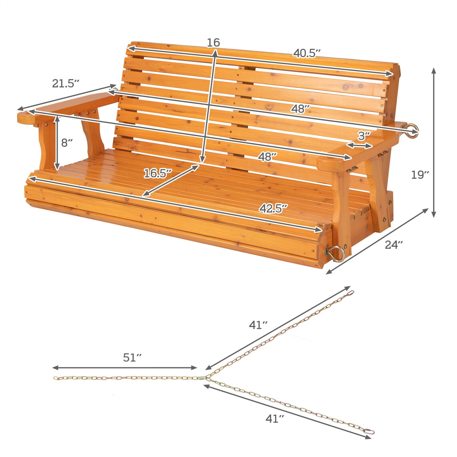 2-Person Wooden Porch Swing with Hanging Chains for Garden Yard-Orange