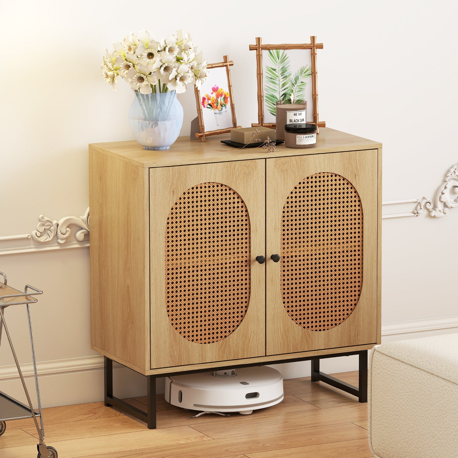 Buffet Cabinet Rattan Storage Cabinet with 2 Doors and Adjustable Shelf-Natural