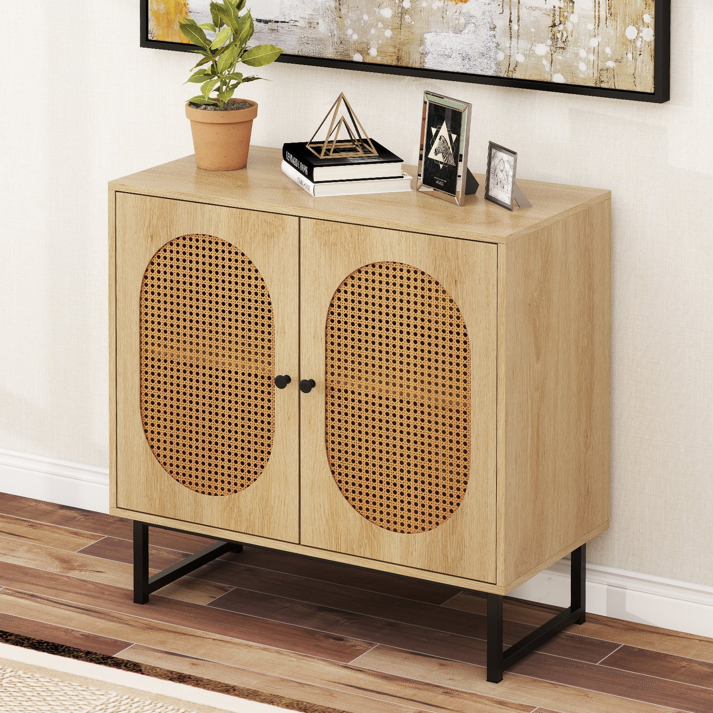 Buffet Cabinet Rattan Storage Cabinet with 2 Doors and Adjustable Shelf-Natural