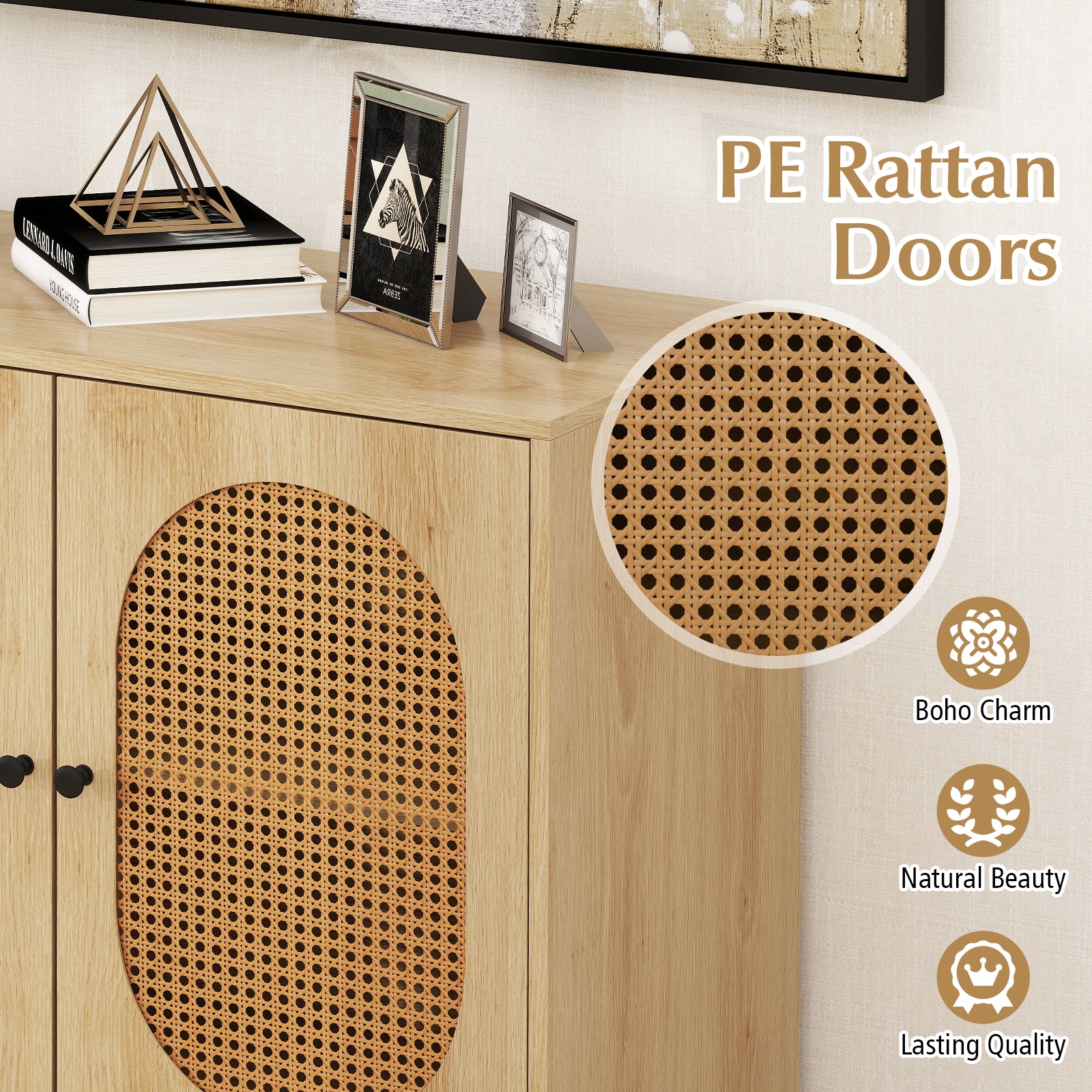 Buffet Cabinet Rattan Storage Cabinet with 2 Doors and Adjustable Shelf-Natural