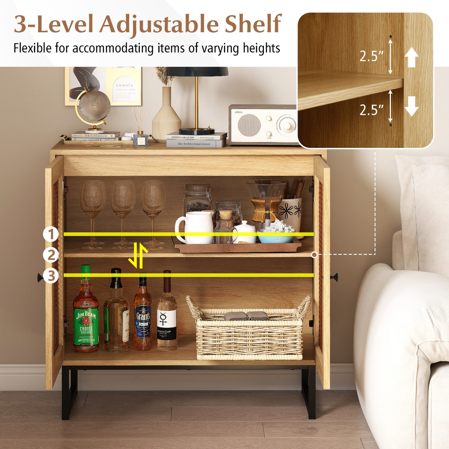 Buffet Cabinet Rattan Storage Cabinet with 2 Doors and Adjustable Shelf-Natural