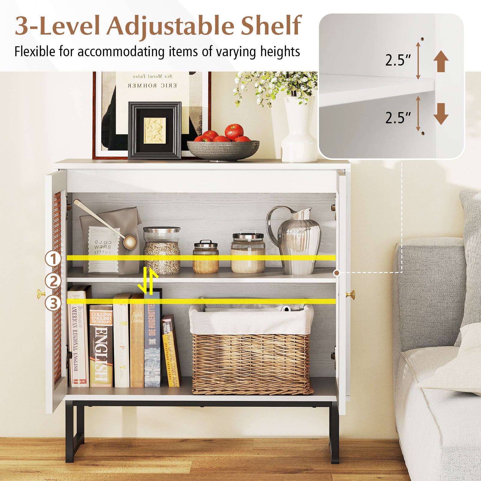 Buffet Cabinet Rattan Storage Cabinet with 2 Doors and Adjustable Shelf-White