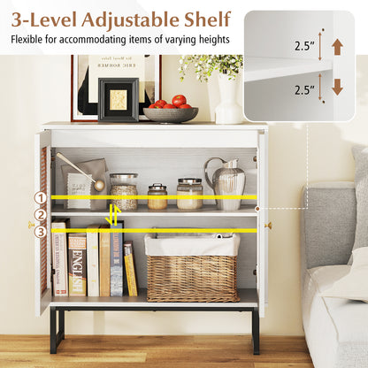 Buffet Cabinet Rattan Storage Cabinet with 2 Doors and Adjustable Shelf-White