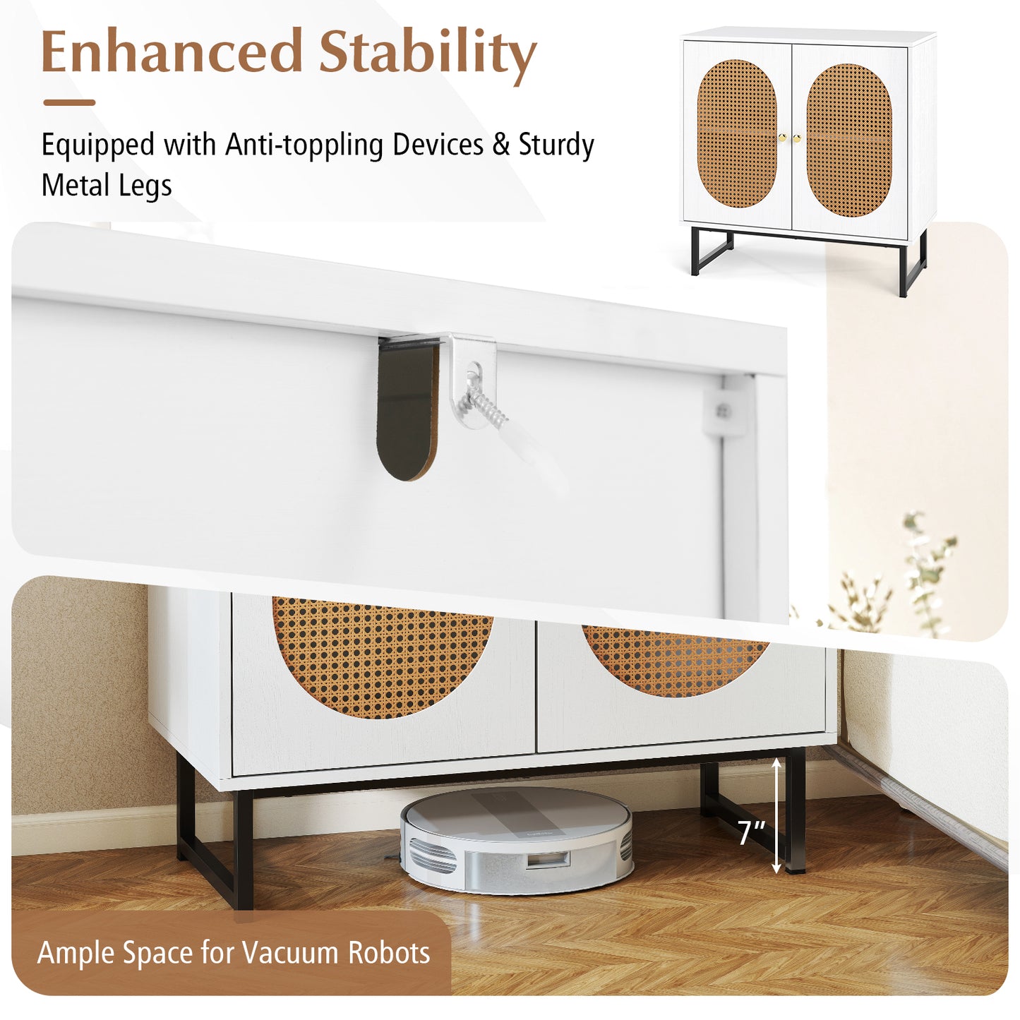 Buffet Cabinet Rattan Storage Cabinet with 2 Doors and Adjustable Shelf-White