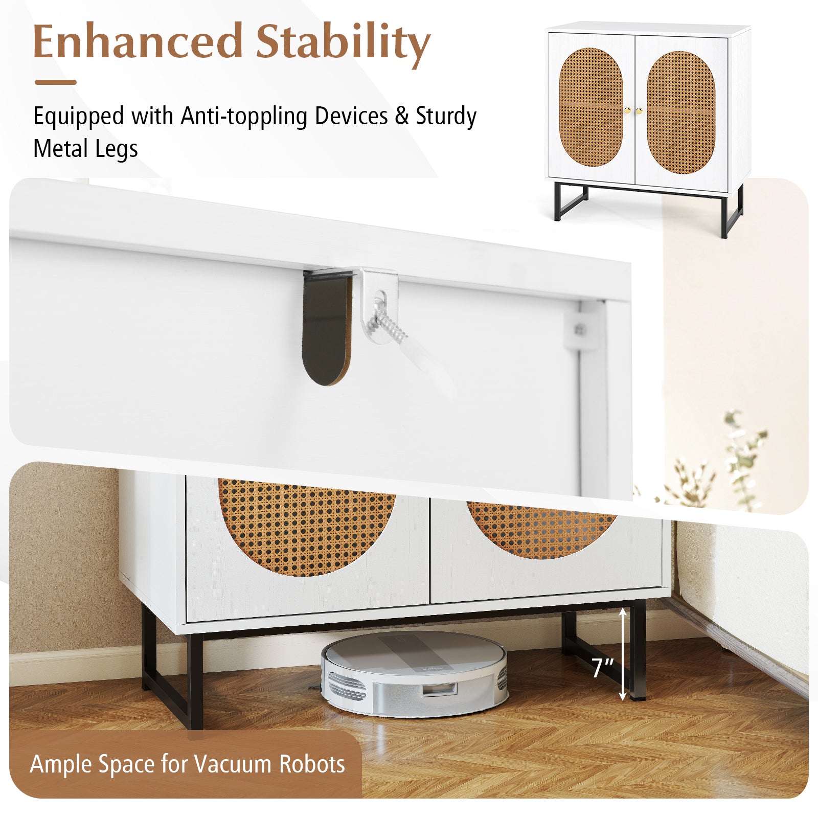 Buffet Cabinet Rattan Storage Cabinet with 2 Doors and Adjustable Shelf-White