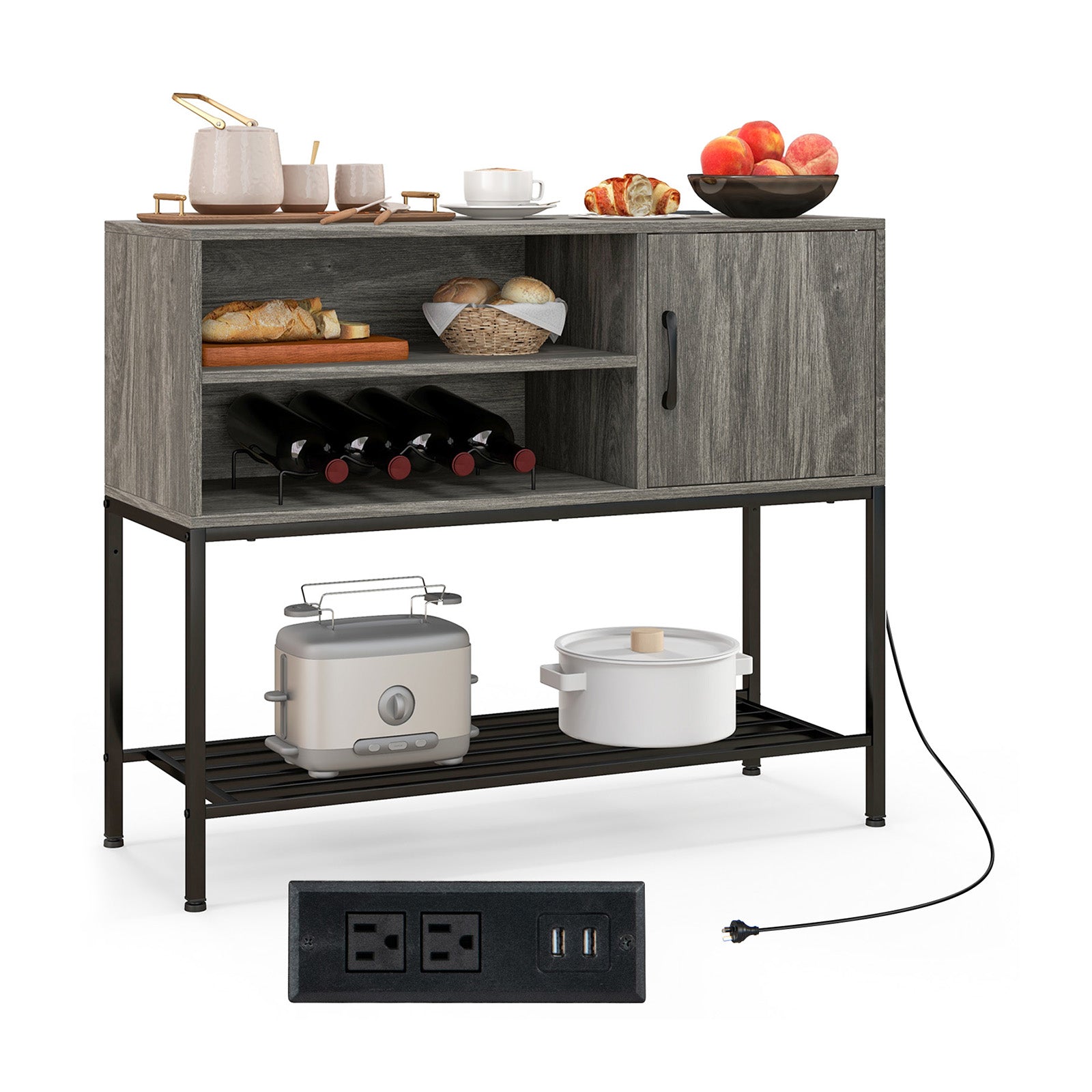 Buffet Sideboard Coffee Bar Cabinet with Power Outlets and USB Ports-Gray - Gray