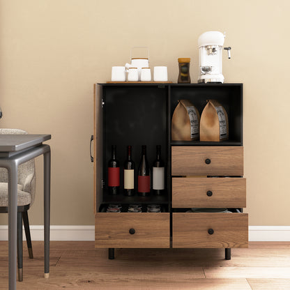 Buffet Sideboard Mid Century Modern Storage Cabinet with 4 Drawers and Open Compartment-Black