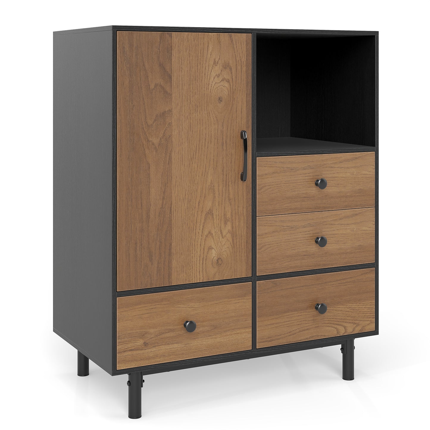Buffet Sideboard Mid Century Modern Storage Cabinet with 4 Drawers and Open Compartment-Black