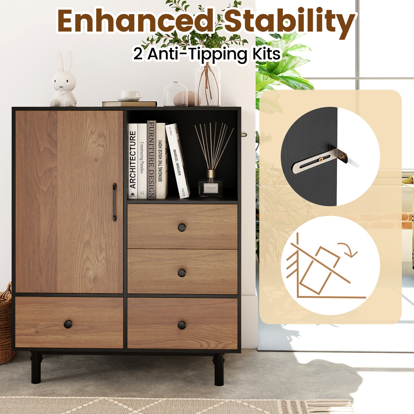 Buffet Sideboard Mid Century Modern Storage Cabinet with 4 Drawers and Open Compartment-Black