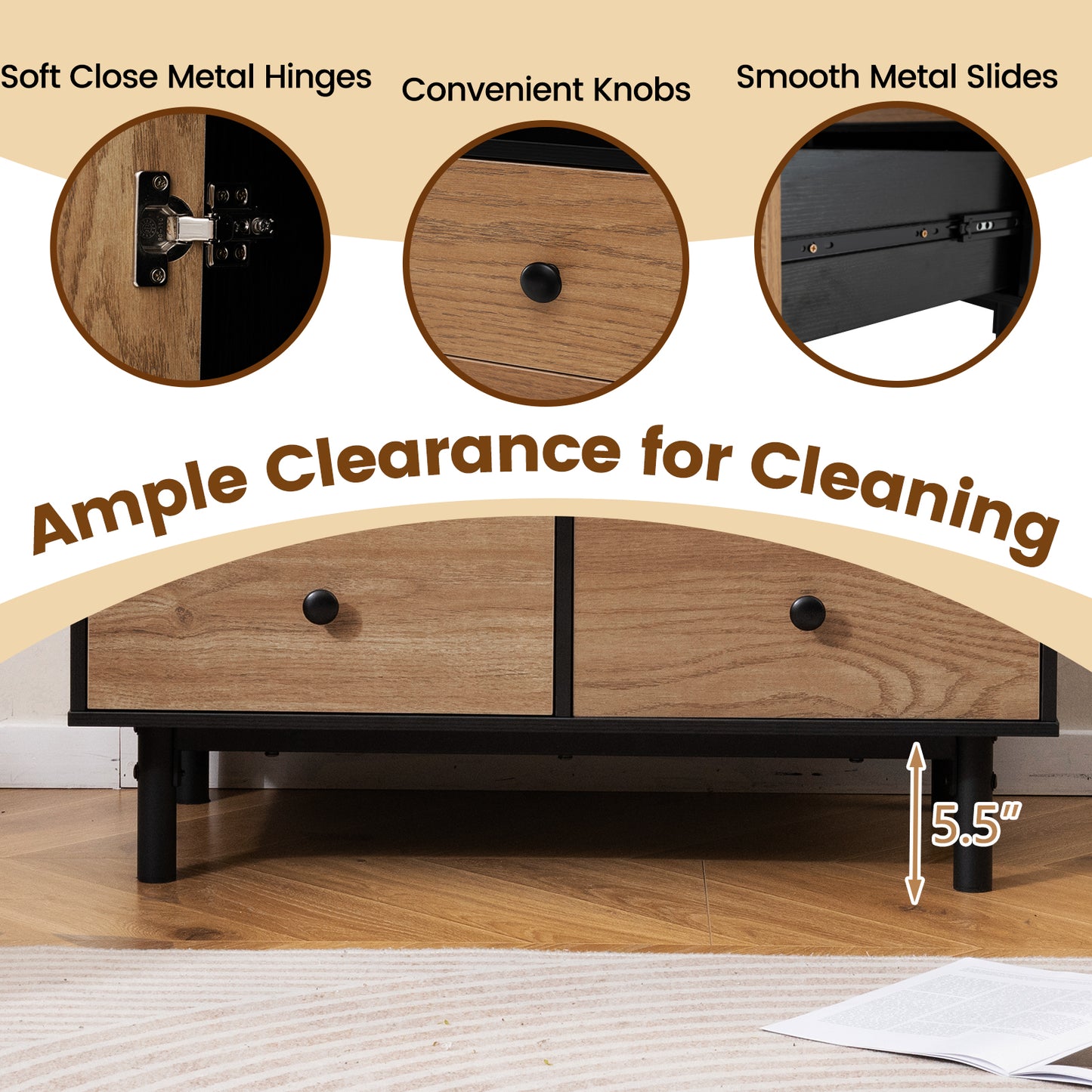 Buffet Sideboard Mid Century Modern Storage Cabinet with 4 Drawers and Open Compartment-Black