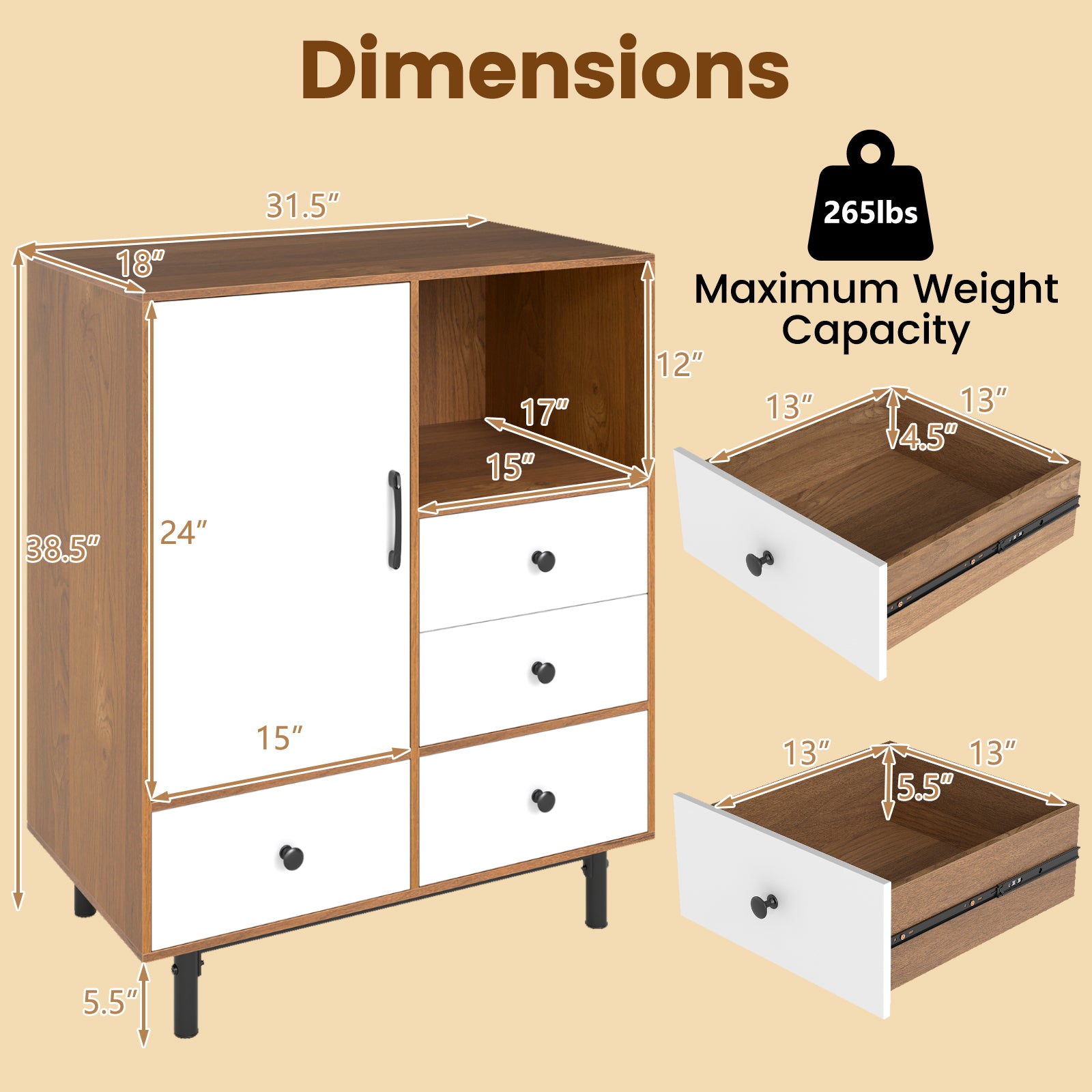 Buffet Sideboard Mid Century Modern Storage Cabinet with 4 Drawers and Open Compartment-Natural