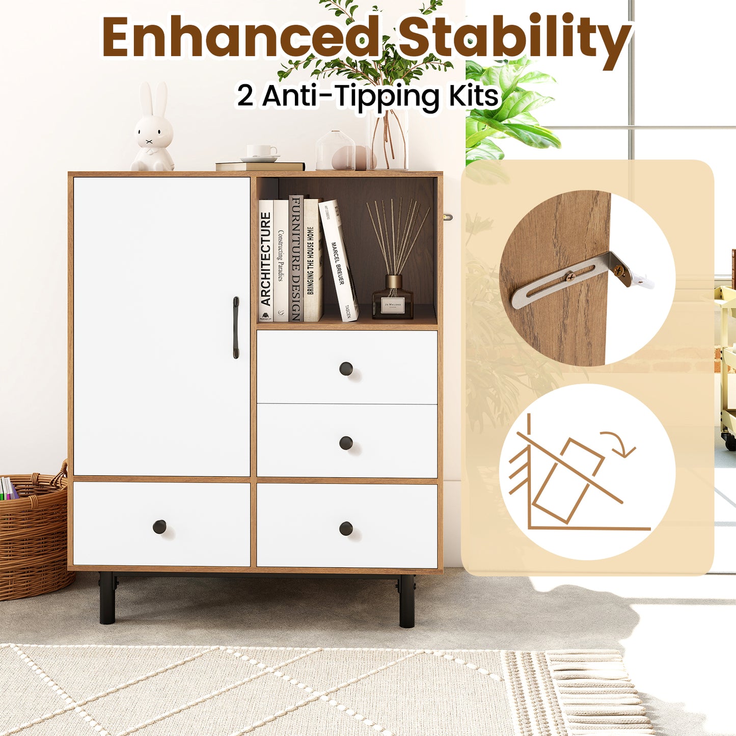 Buffet Sideboard Mid Century Modern Storage Cabinet with 4 Drawers and Open Compartment-Natural
