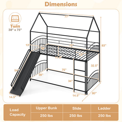 Bunk Bed Twin Over Twin House Bunk Bed Frame with Metal Slats