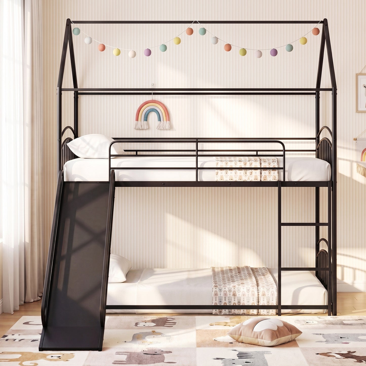 Bunk Bed Twin Over Twin House Bunk Bed Frame with Metal Slats
