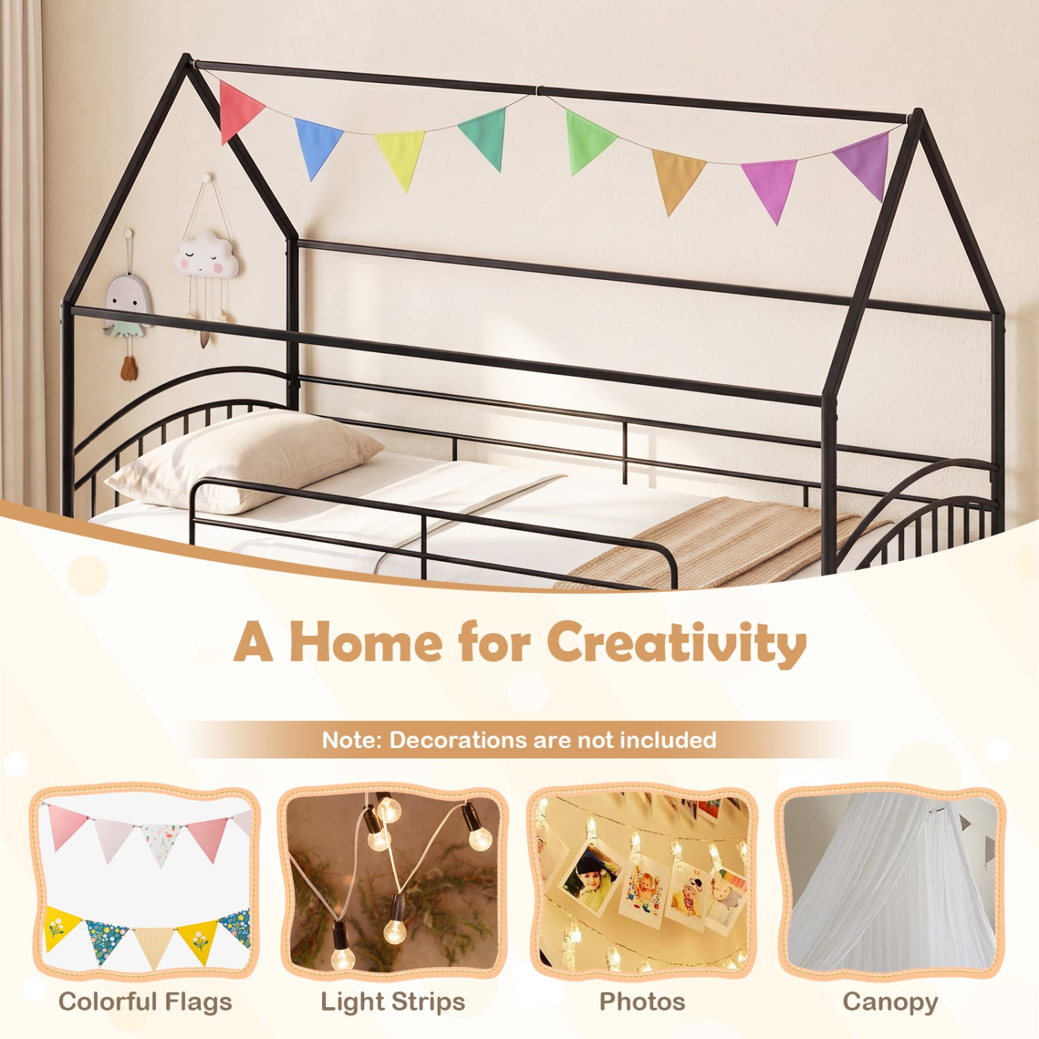 Bunk Bed Twin Over Twin House Bunk Bed Frame with Metal Slats