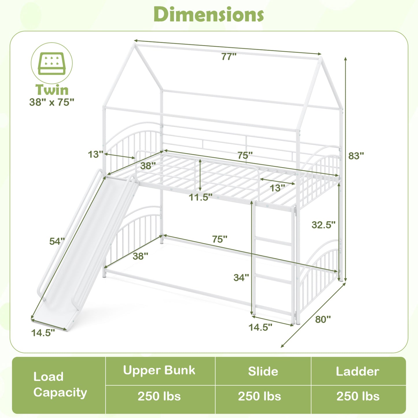 Bunk Bed Twin Over Twin House Bunk Bed Frame with Metal Slats