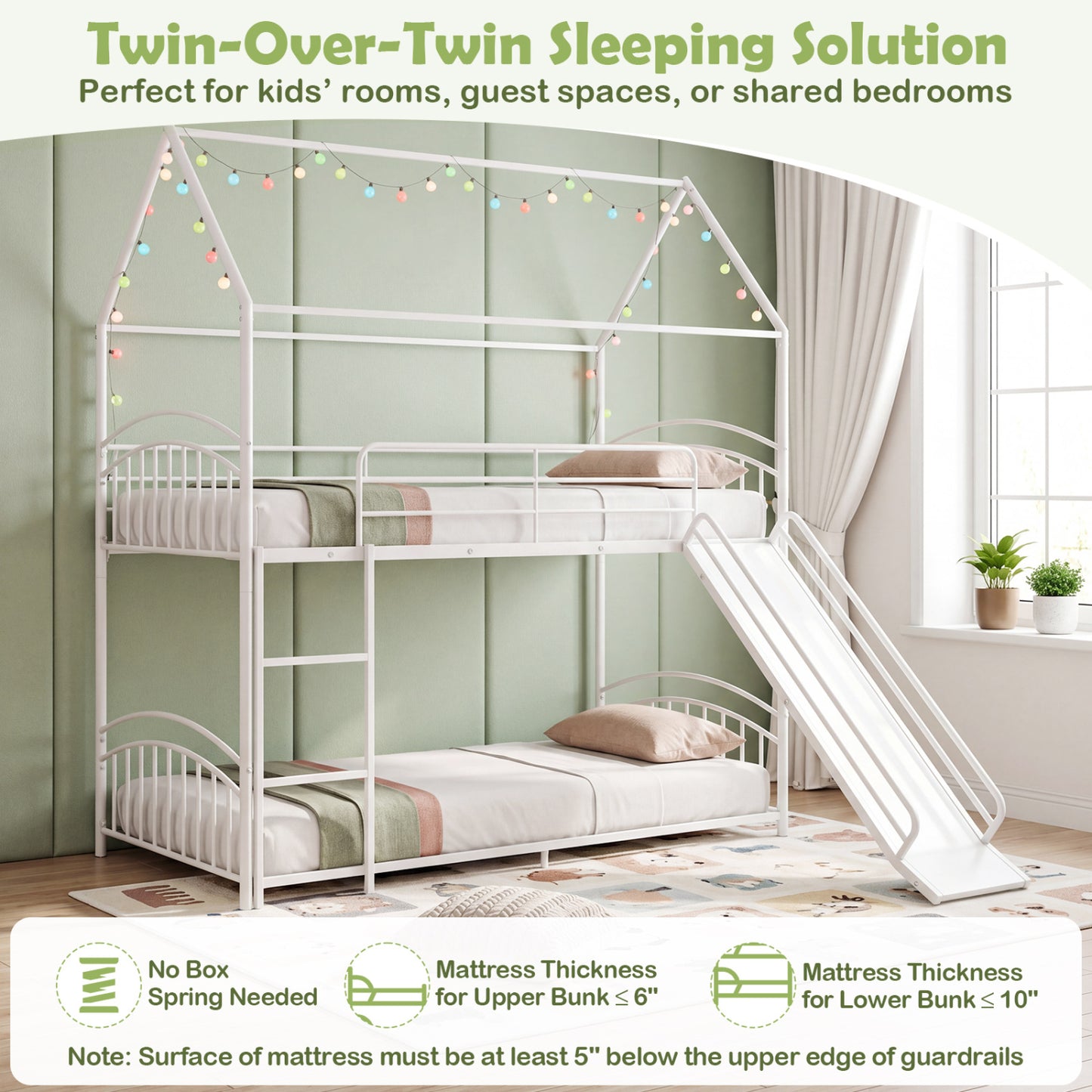 Bunk Bed Twin Over Twin House Bunk Bed Frame with Metal Slats