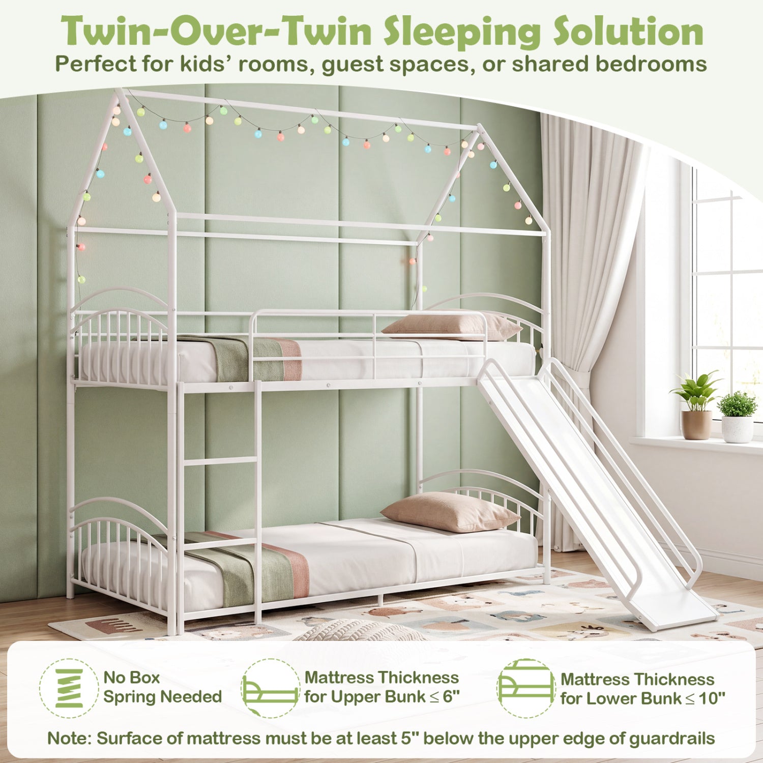 Bunk Bed Twin Over Twin House Bunk Bed Frame with Metal Slats