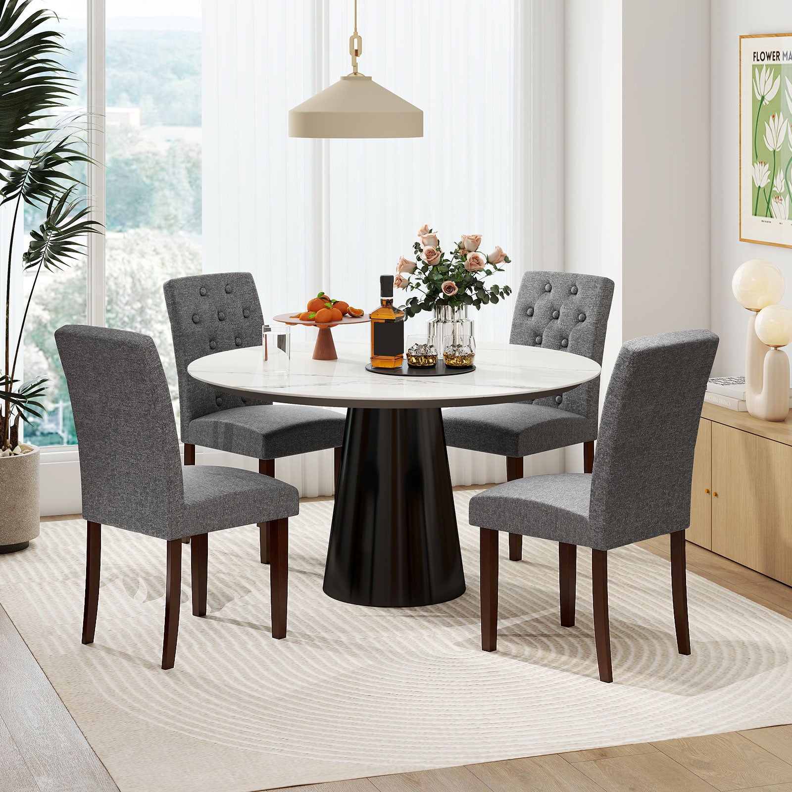 Button Tufted Fabric Upholstered Wooden Dining Chair Set of 2 with High Curved Back-Gray