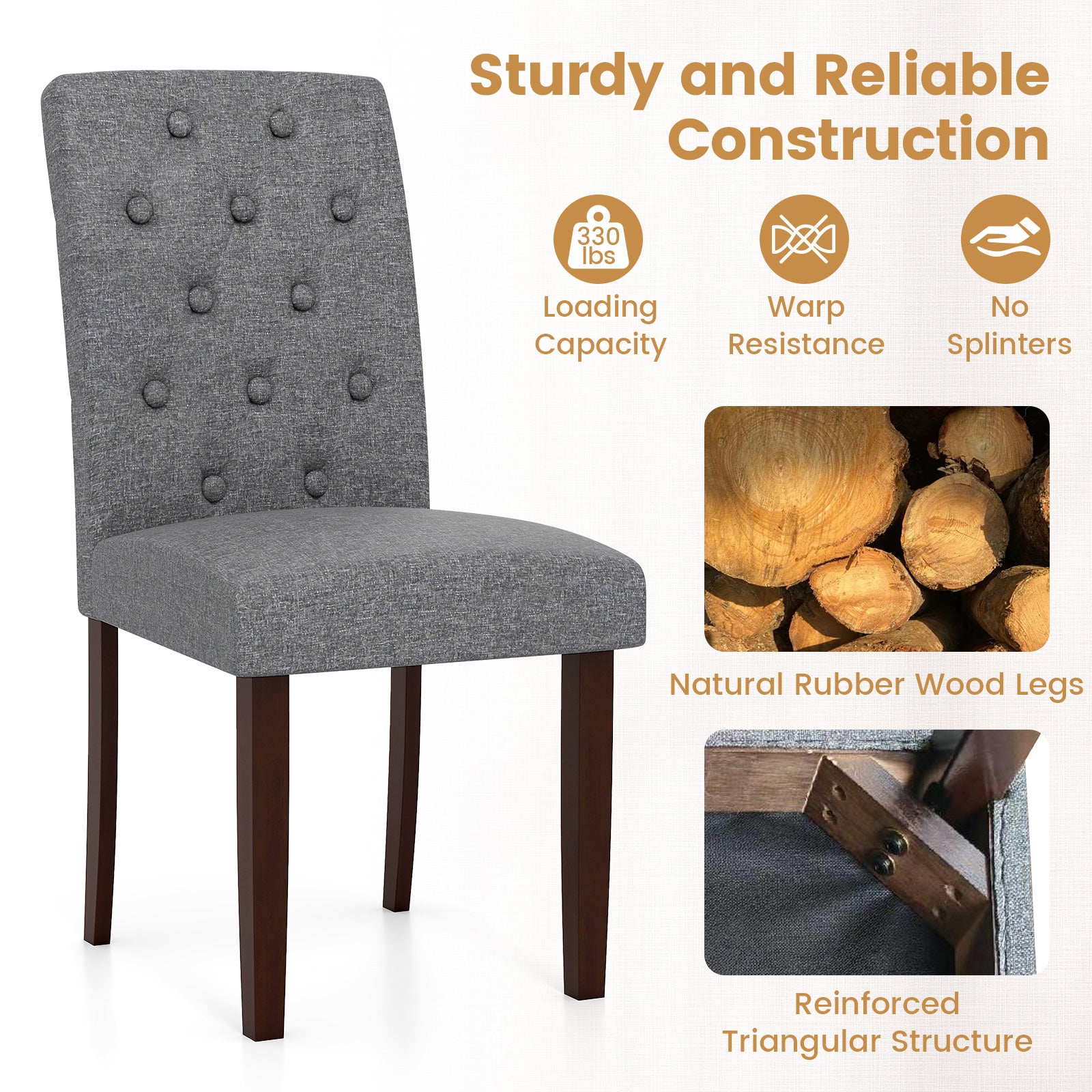 Button Tufted Fabric Upholstered Wooden Dining Chair Set of 2 with High Curved Back-Gray