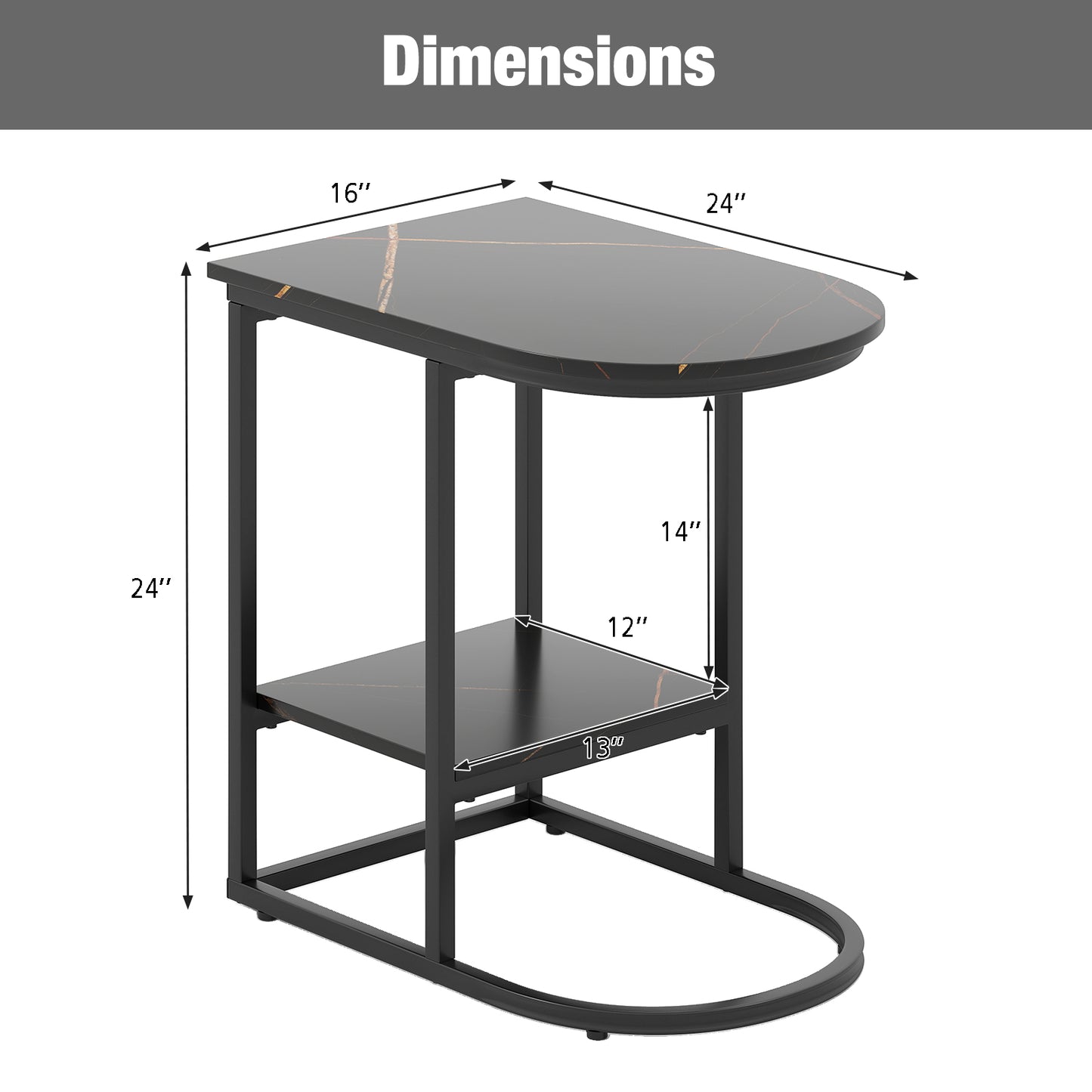 C-shaped Modern Sofa Side Table with Faux Marble Tabletop and Storage Shelf