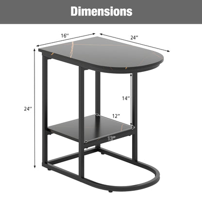 C-shaped Modern Sofa Side Table with Faux Marble Tabletop and Storage Shelf