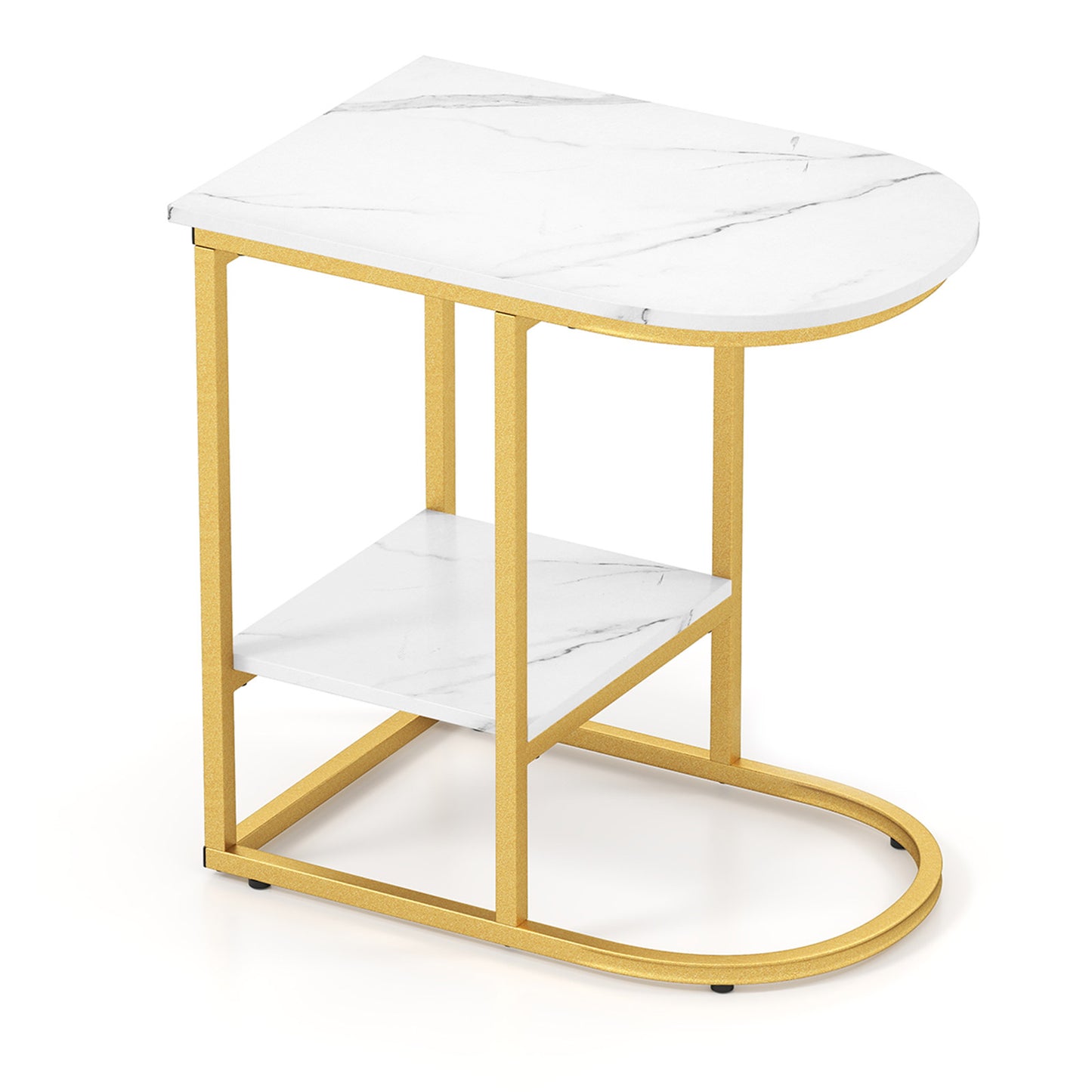 C-shaped Modern Sofa Side Table with Faux Marble Tabletop and Storage Shelf-White - White
