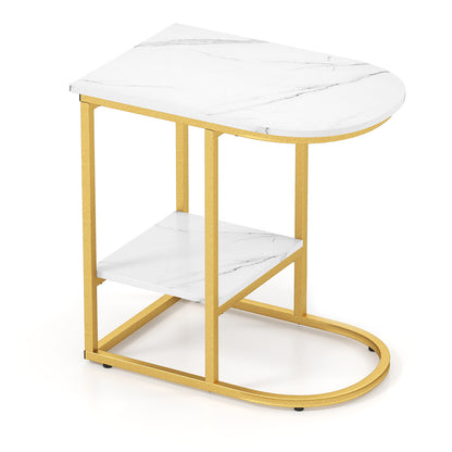 C-shaped Modern Sofa Side Table with Faux Marble Tabletop and Storage Shelf-White - White